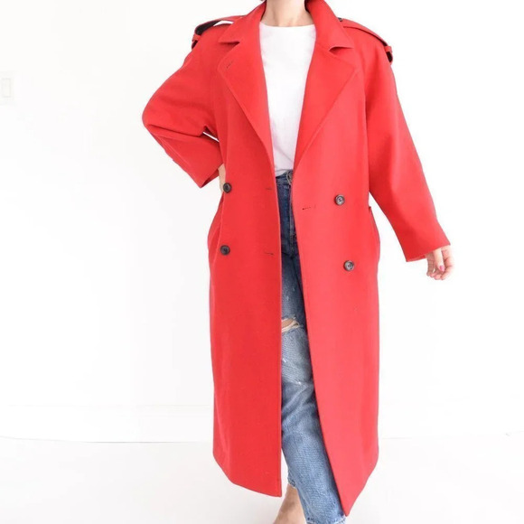 Vintage International Scene Red 100% Wool Maxi Double  Breasted Winter Coat 9/10 - Picture 1 of 16